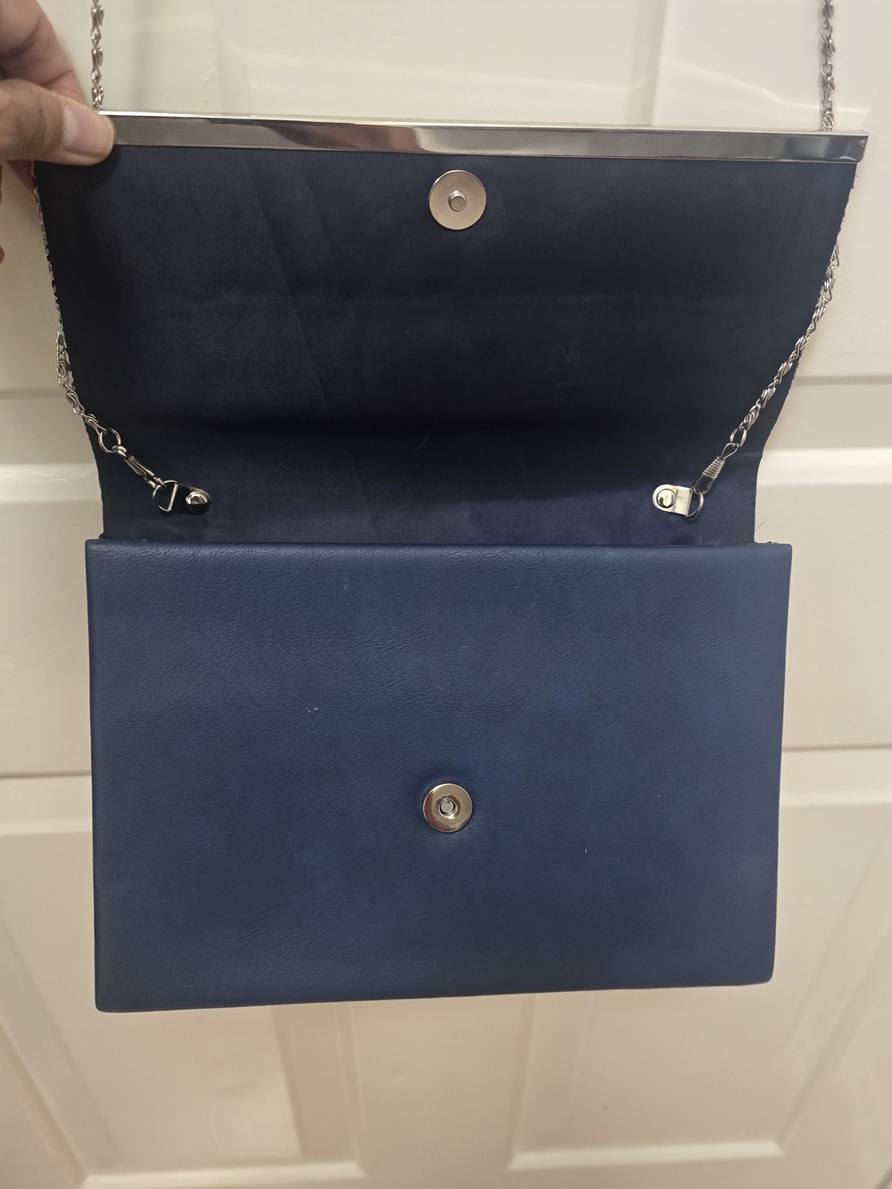 Unbranded Navy Blue, Gray Clutch Wristlet with Silver Chain Strap - Picture 11 of 17